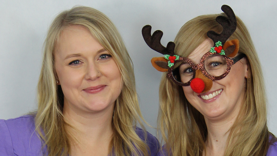 Brodi and Morgan wearing funny Christmas glasses